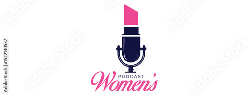 Women's Podcast Logo with Lipstick Microphone, Vector Illustration.