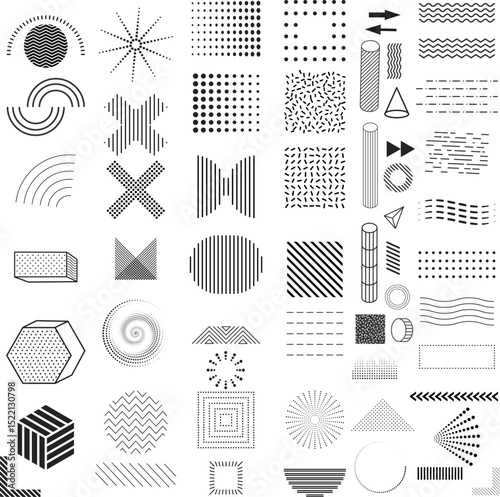 A modern collection of blackandwhite geometric abstract elements, including halftone dots lines, spirals, waves 3D blocks, and optical illusion inspired designs Ideal for design compositions 