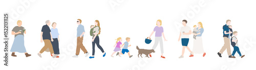 Flat illustration of diverse white family people walking set, modern parenting, dad with baby carrier, kids and dog
