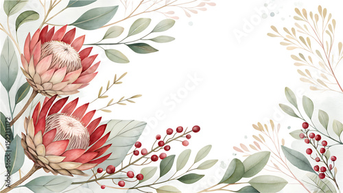 elegant protea flower frame with leaves and berries - natural botanical design isolated on transparent background