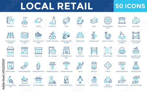 Local Retail icons set with stationery, incense, textiles, condiment, soap, tea, fabric, national design motifs, beauty aisle, local snack icon. Simple outline color vector 
