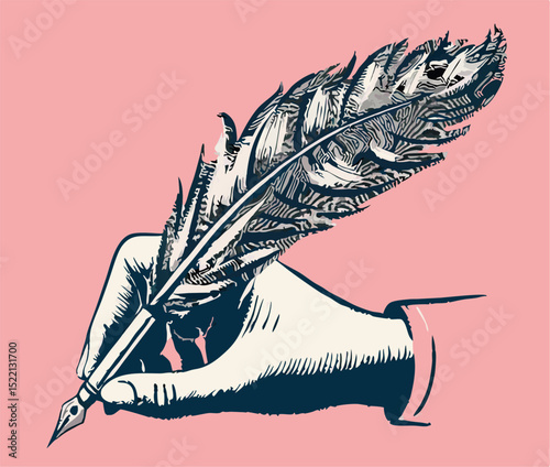 Hand Holding Quill Pen Writing, Vintage Style Illustration