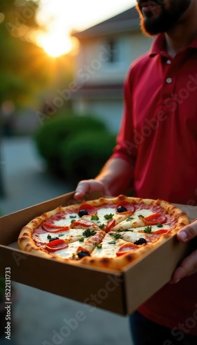 A delicious-looking pizza arrives at the front door in a cardboard box, steaming hot and ready to eat The delivery driver is out of frame, focusing on the freshly delivered meal , delicious, food