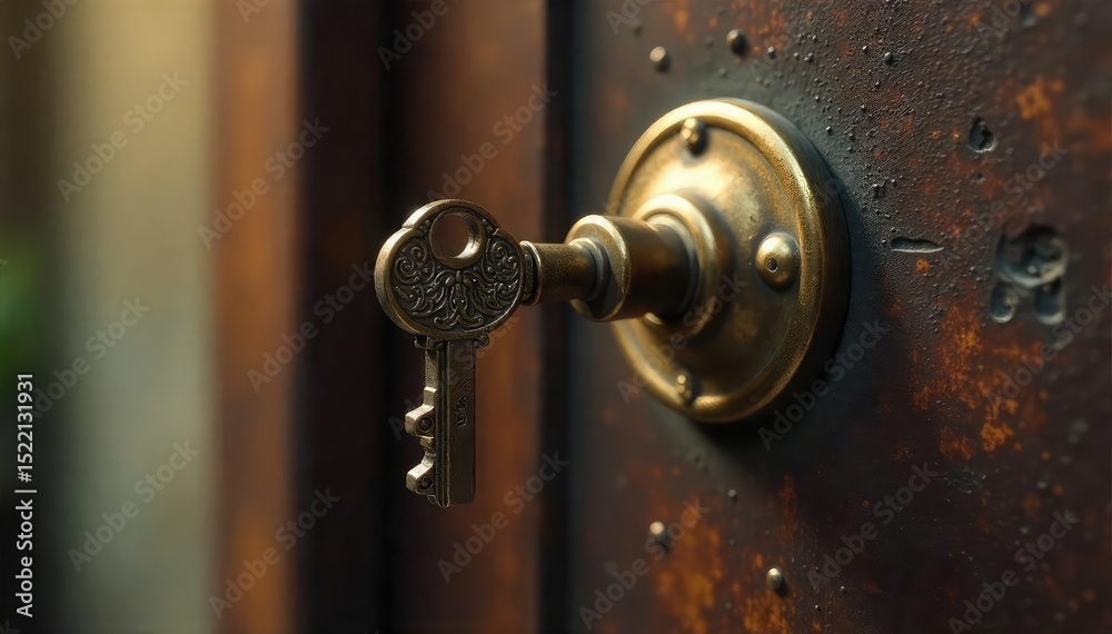 Obraz premium A gleaming brass key inserted into a vintage door lock, highlighting intricate details and a sense of security for a home , engraving, door lock, metal