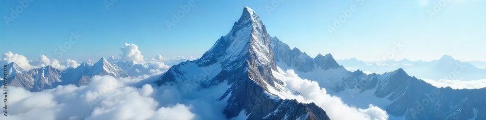Obraz premium A majestic mountain peak shrouded in mist, its rocky summit reaching for a clear blue sky The scene evokes a sense of adventure and the challenge of reaching the top , fog, tranquil