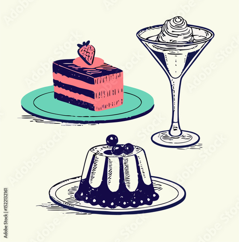 Hand-drawn Dessert Illustration: Cake, Pudding, Cocktail