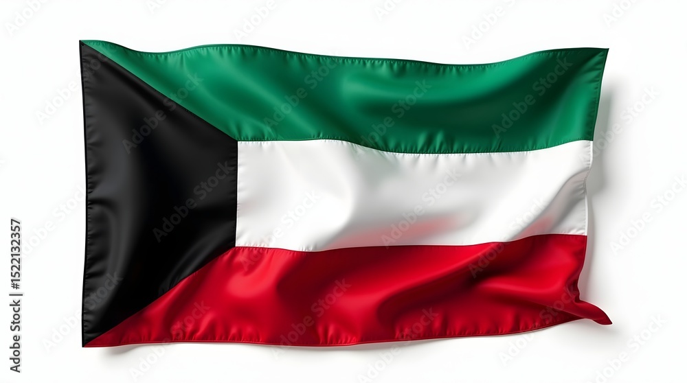 Obraz premium Photorealistic flag of Kuwait flag with horizontal green, white, red stripes and black trapezoid at hoist. Isolated on white. Ideal for educational and graphic design use.
