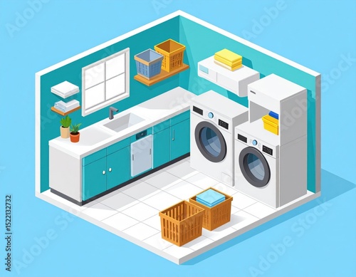 Isometric Laundry Room Pixel Art Design