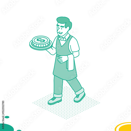 Smiling waiter carrying a tray with a dollar coin. Financial metaphor concept. Artwork in green linear style. Isometric outline illustration.