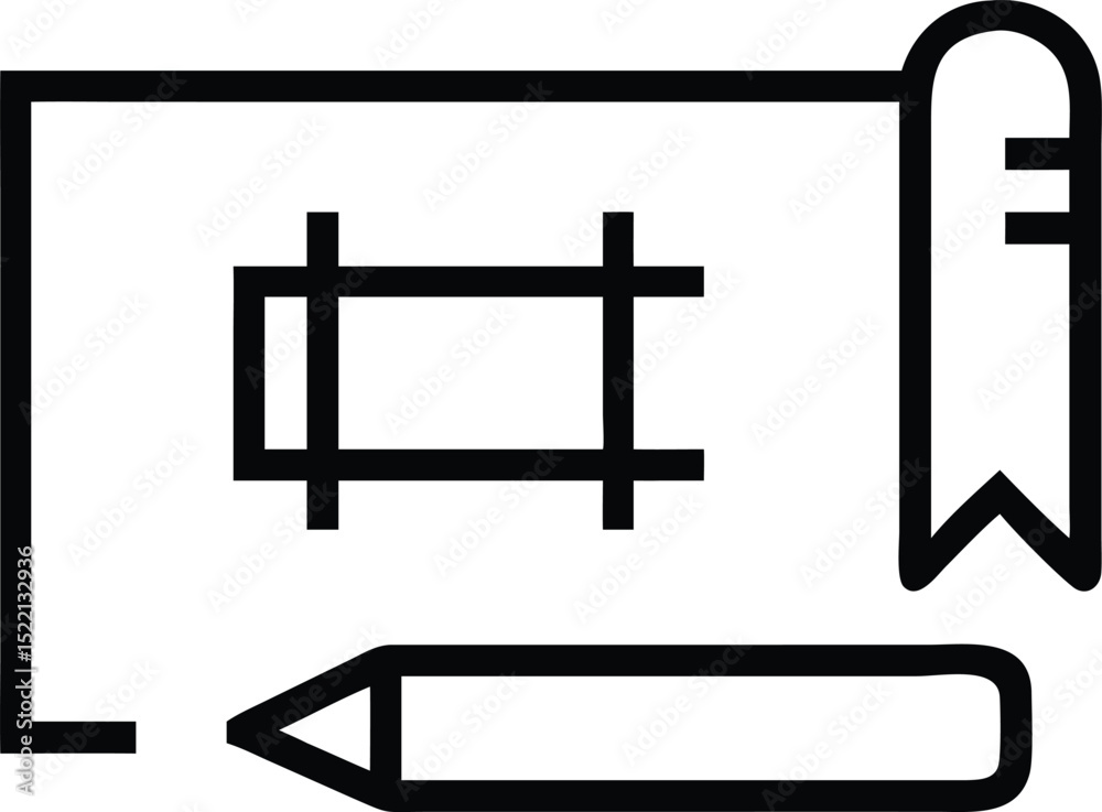 Pencil and blueprint icon set black and white isolated on white background Pencil and blueprint icon set black and white isolated on white background