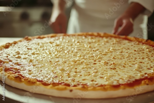Chef prepares freshly formed cheese pizza blank in bustling kitchen environment, Chef takes just formed cheese pizza blank with part of ingredients intending to put it in the oven