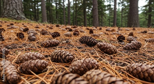 Autumnal Forest Floor: A carpet of fallen cedar cones amidst pine needles