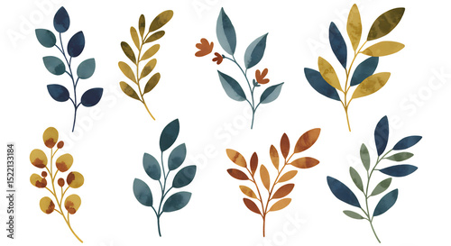 watercolor leaves and leaf sprigs - natural botanical elements isolated on transparent background