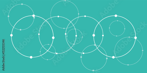 Abstract vector illustration with overlapping circles, dots and dashed circles. Science and connection concept. Wide molecule structure background.