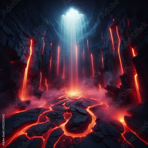 Magma chamber fissures glowing crimson