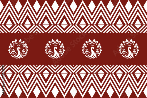 Geometric tribal pattern with peacocks in maroon and white tones. Symmetrical and folk-inspired, reflecting traditional Thai or Lanna art style. Ideal for textile design, wallpapers, cultural decora