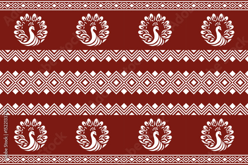 Geometric tribal pattern with peacocks in maroon and white tones. Symmetrical and folk-inspired, reflecting traditional Thai or Lanna art style. Ideal for textile design, wallpapers, cultural decora