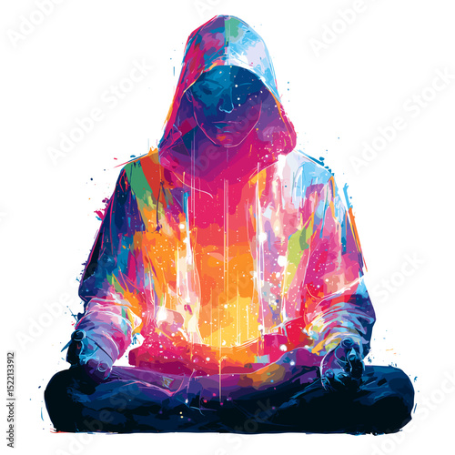 Meditating person in colorful hoodie surrounded by light energy, flat vector illustration
