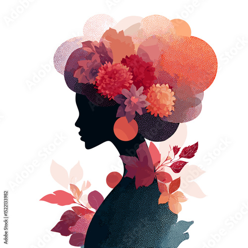 Silhouette of a woman with floral afro and colorful leaves, flat vector illustration
