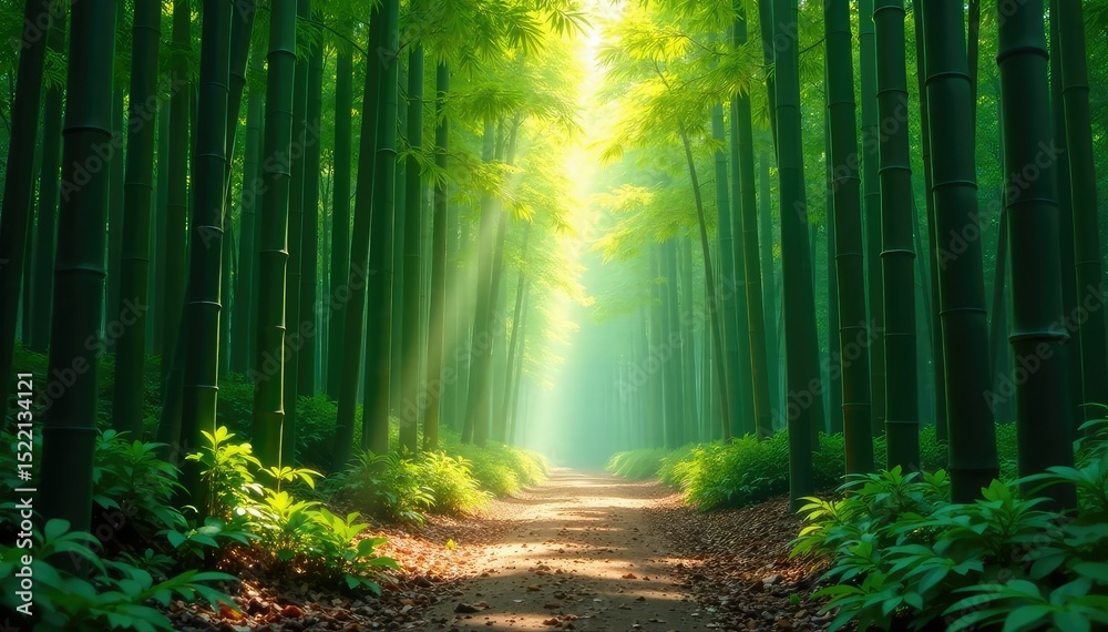 Obraz premium Dense bamboo forest, sunlight filtering through leaves, creating dappled shadows on the ground , wilderness, background, earthy tones