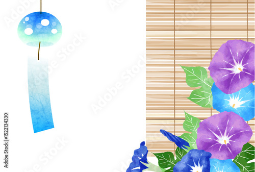 風鈴と朝顔とすだれの暑中見舞いはがき、横、かわいい、イラスト、和風