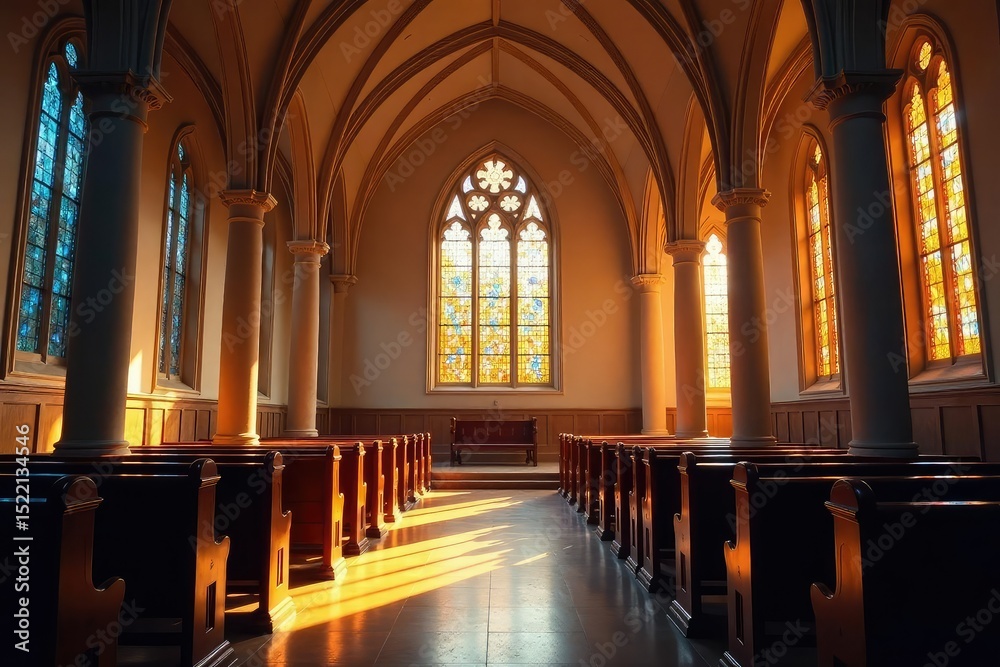 Fototapeta premium Serene church interior, sunlight streaming through stained glass windows illuminating a quiet prayer space , belief, peace