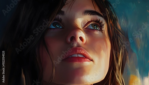 Close-up portrait of a woman looking upward.