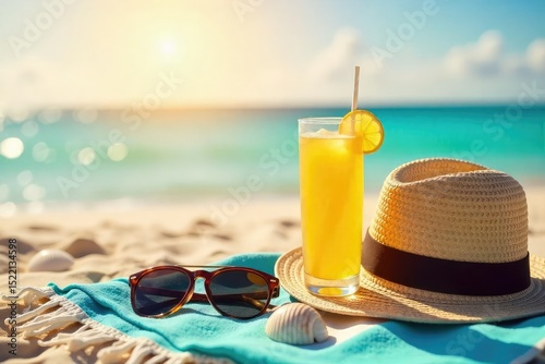 Wallpaper Mural Golden hour sunlight bathes a beach towel, sunglasses, and a refreshing beverage, perfect for a relaxing summer day Seashells and a summer hat add to the idyllic scene , hot, beach Torontodigital.ca