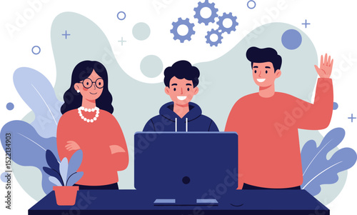 Business people team vector illustration of man and woman working together on laptop at office desk, symbolizing communication and technology, flat vector design illustrations