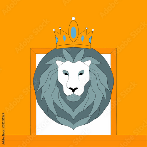 Illustration of a lion head with a crown on an orange wall
