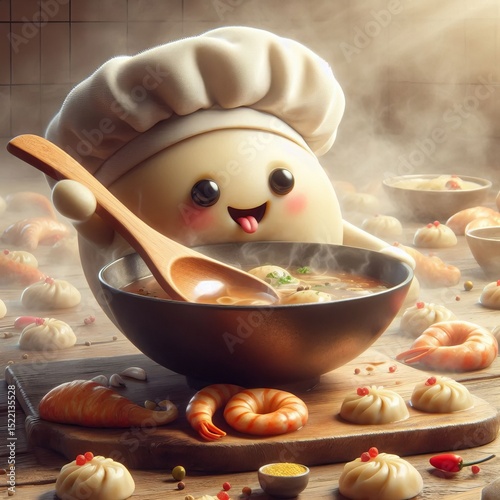 sentient dumpling rolling through a soup