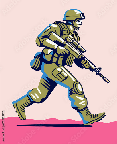 Illustration of Soldier Running with Rifle