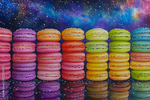 A vibrant rainbow collection of macarons beautifully arranged in rows and columns, with delicate raindrops shimmering on their smooth surfaces,