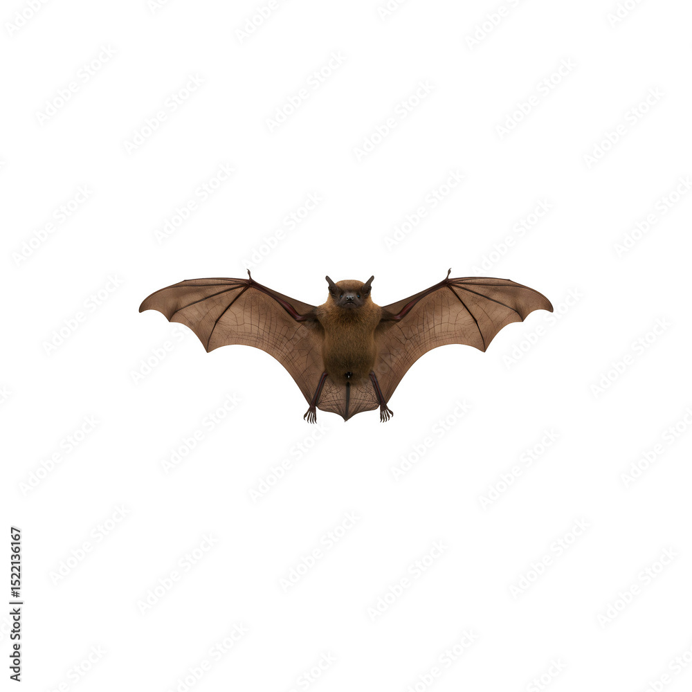 Naklejka premium A brown bat with wings spread wide in flight, white background