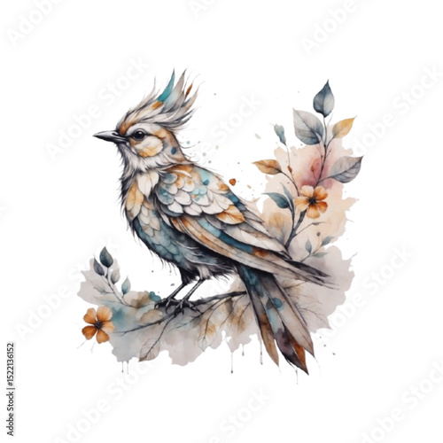 Colorful bird with artistic feathers and floral background for nature illustration concept
