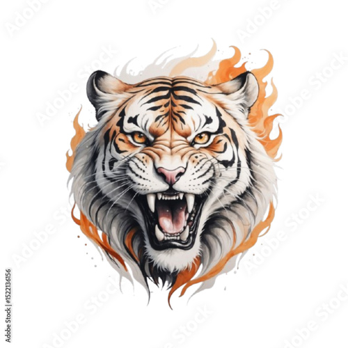 Angry tiger head roaring with flames background for tattoo concept
