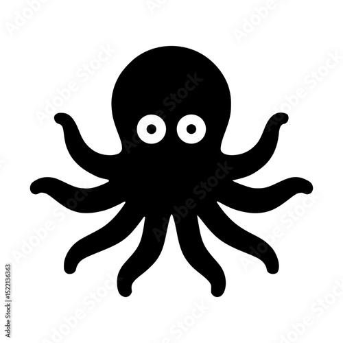 Top-view octopus icon with cartoon eyes — symmetrical black vector on transparent background