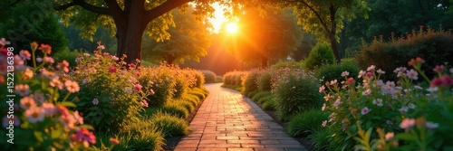 Wallpaper Mural Warm sunset illuminates a tranquil garden path, casting long shadows on lush greenery and blooming flowers Perfect for relaxation, nature, and serenity themes , golden hour, nature, mood Torontodigital.ca