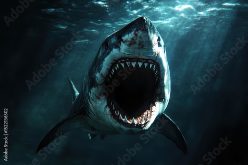 Large shark exhibits open mouth, showcasing sharp teeth in underwater environment, Large shark with open mouth underwater, showing sharp teeth in dark ocean