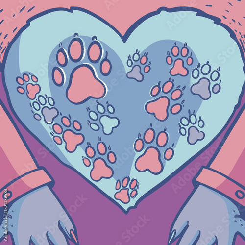 Heart filled with paw prints held by cartoonish hands