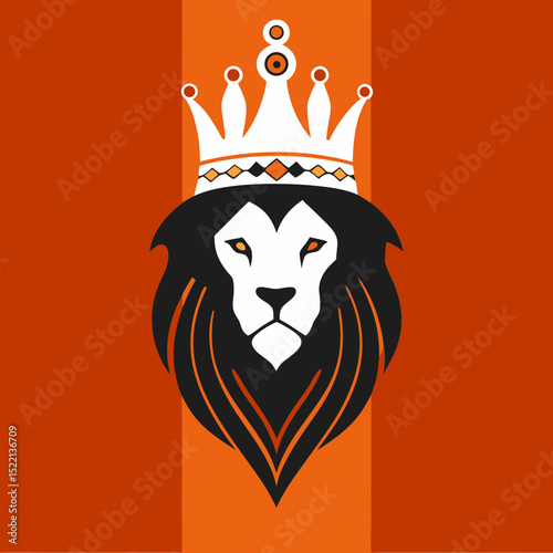 Lion head wearing a crown on an orange striped background