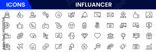 Influencer and blogging line icons collection. Big UI icon set in a flat design. Thin outline icons pack. Vector illustration