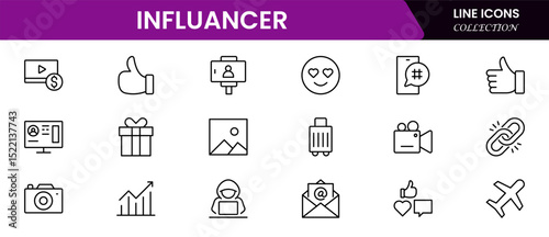 Influencer and blogging line icons collection. Big UI icon set in a flat design. Thin outline icons pack. Vector illustration
