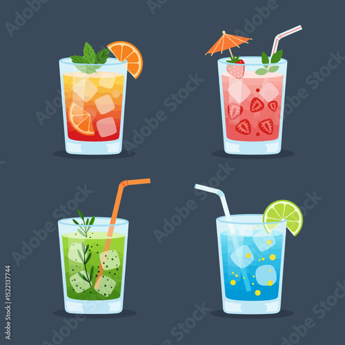 Set of refreshing cold juice drinks with fruit, ice, and lemon in glasses, perfect for a summer party beverage or isolated refreshment