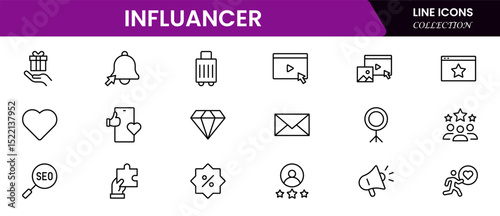 Influencer and blogging line icons collection. Big UI icon set in a flat design. Thin outline icons pack. Vector illustration