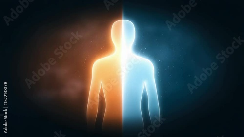 Abstract human silhouette split in two, one side glowing humble light, the other dark pride aura, symbolizing ego control.
