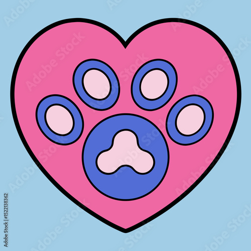 Pink heart shape with a blue paw print illustration