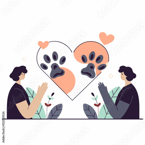 Two people with a heart containing paw prints and plants