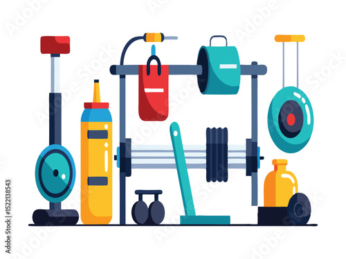 Colorful fitness equipment set isolated on white background
