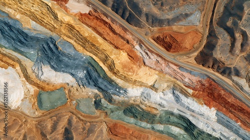 Aerial View of a Quarry Showing Colorful Strata and Layers